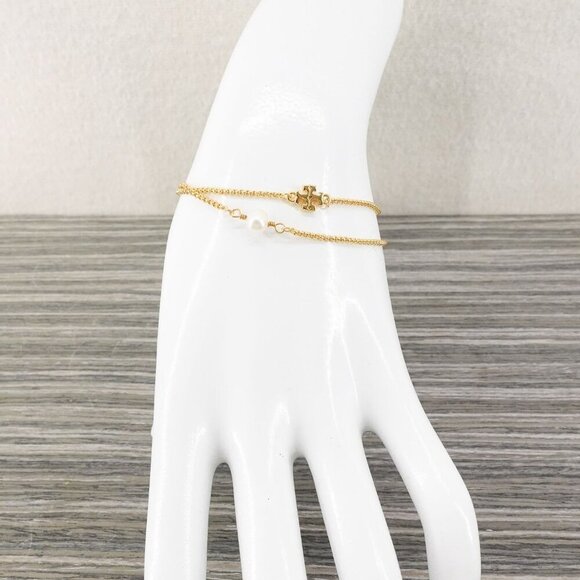 Tory Burch Logo Pearl Slider Adjustable Bracelet Gold OS - Picture 12 of 12